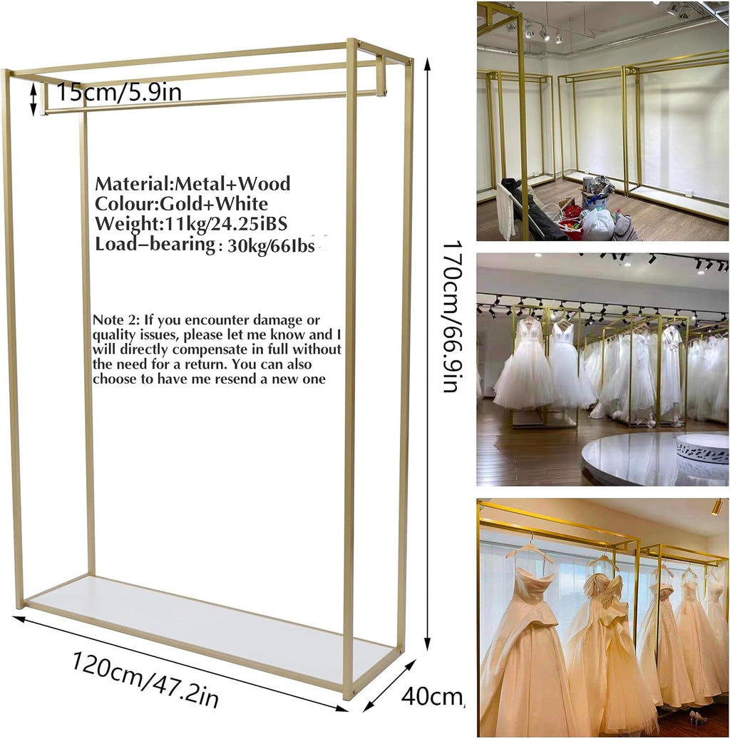 Retail Display Gold Clothing Racks with Shelves, Boutiques Garment Rack Wedding Dress Rack Heavy Duty Commercial Floor Standing for Clothing Store Studio,67 inch