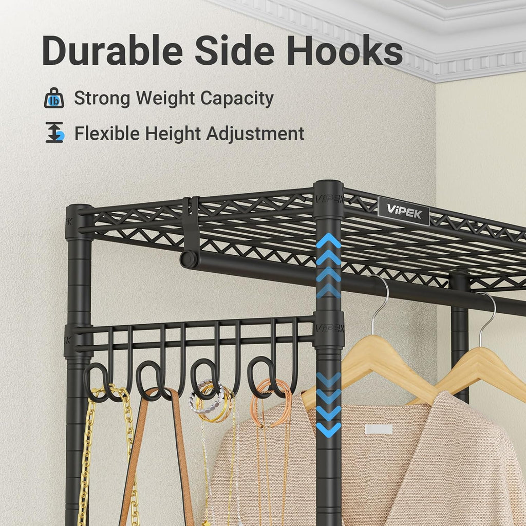VIPEK R3 Plus Rolling Clothes Rack with Locking Wheels, Portable Closet for Hanging Clothes Heavy Duty Garment Rack with Adjustable Shelves and Side Hooks, Metal Wardrobe for Home Storage, Black
