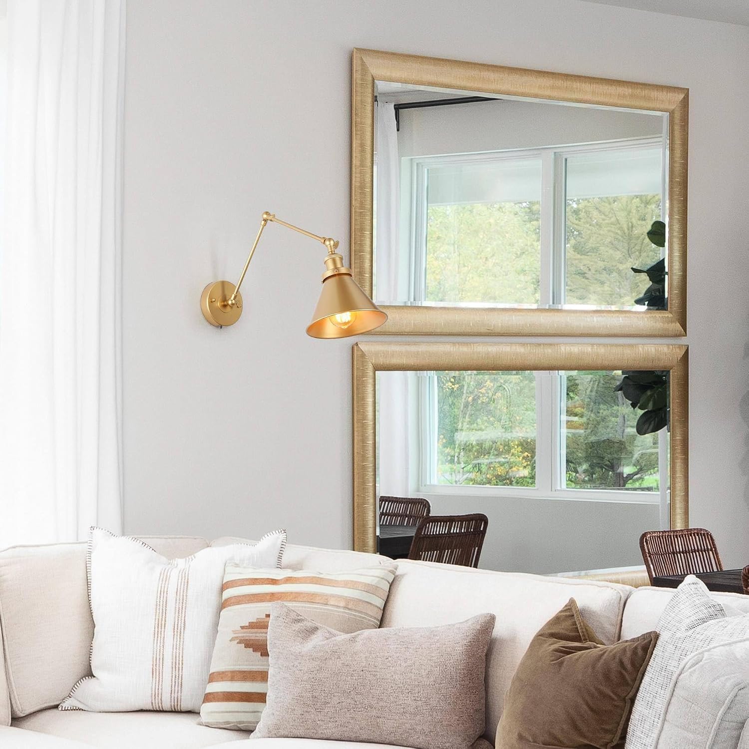 LALUZ Gold Wall Sconces Lighting 2 Pack, Modern Swing Arm Plug-in or Hardwired Adjustable Wall Lamp with Brass Finish for Bedroom, Kitchen, and Living Room