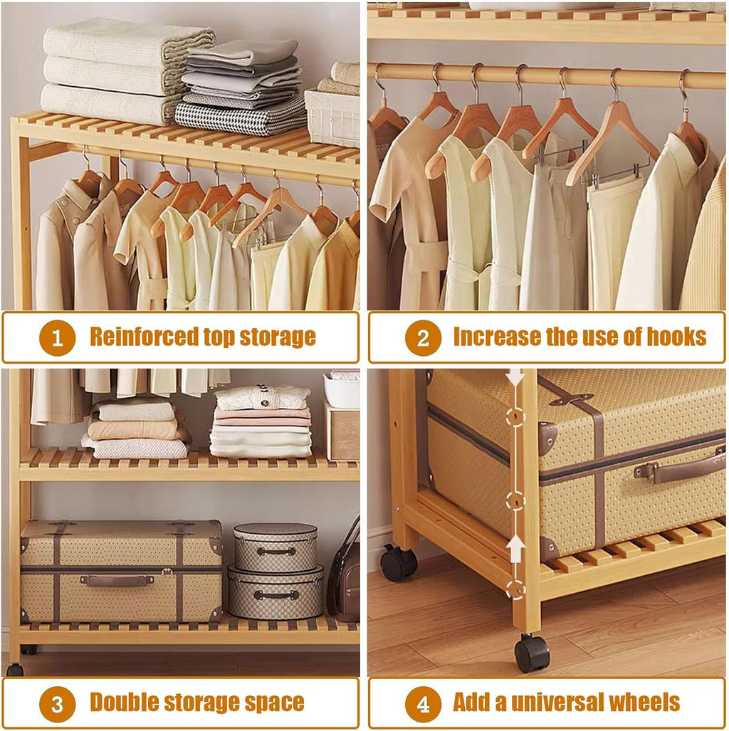 Bamboo Clothes Rack Clothing Hanging Garment Rack Stand Open Wardrobe Closet with 3 Tier Storage Shelves Organizer for Living Room Bedroom Entryway