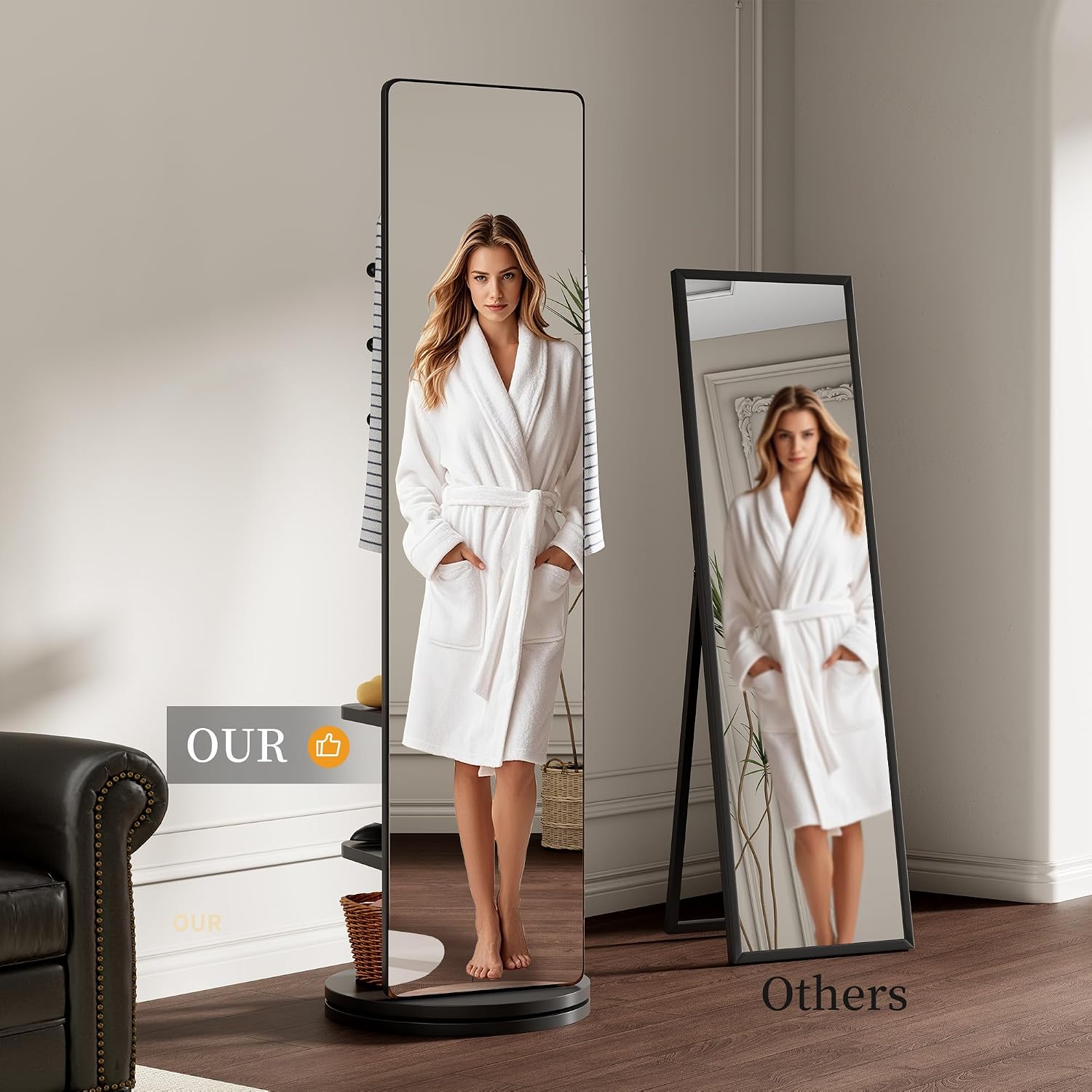 CHANCEE 360° Rotating Mirror Coat Rack, Solid Wood Standing Mirror with Storage Hooks and Shelves, Space-Saving Multifunctional Organizer for Bedroom, Living Room, or Cloakroom (Black)