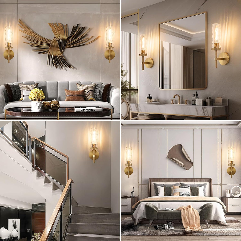 15' Knurled Brass Wall Sconces Set of 2, Gold Bathroom Vanity Light Fixtures with Water Ripples Glass Tube, Modern Lamp Lighting for Bedroom, Living Room, Hallway, Staircase, Mirror, Kitchen