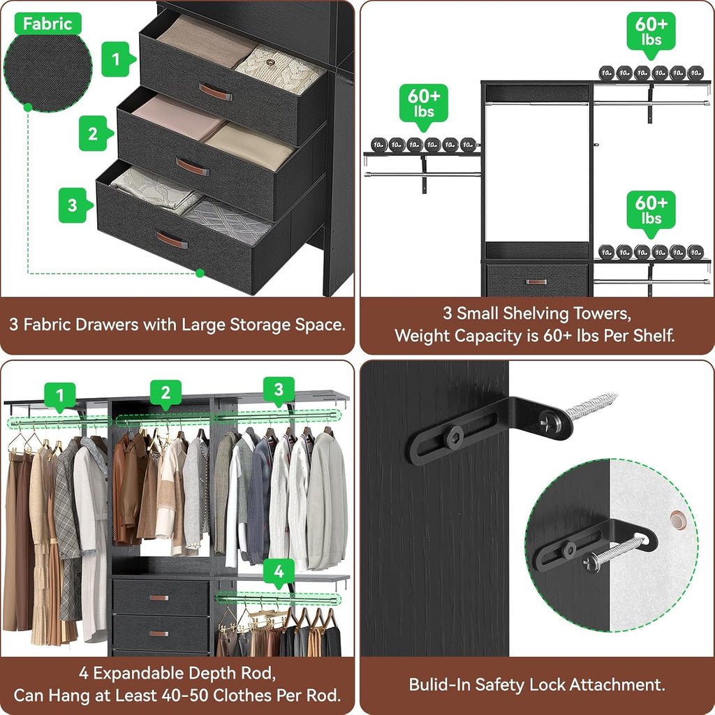 Armocity 5FT Small Closet System with 3 Fabric Drawers, 60 Inches Walk In Closet Organizer System With 3 Adjustable Shelves, Heavy Duty Clothes Rack Built-In Garment Rack, 59' L x 16' W x 71' H, Black