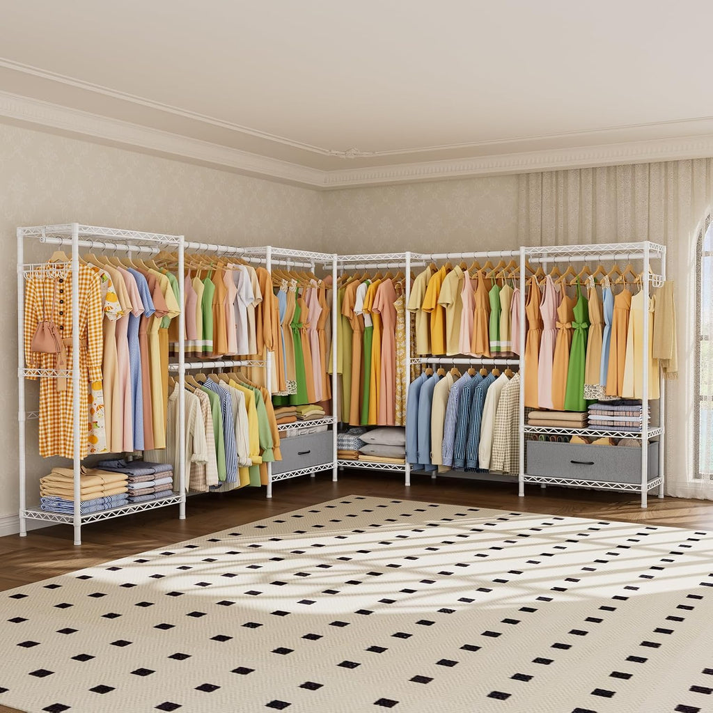 Golpart Coat Rack Clothes Wardrobe：Closet Organizer and Storage Clothing Garment Rack with Shelves Heavy Duty for Hanging Clothes Portable Adjustable White 15.8' DX(70-88)' WX76.5 H