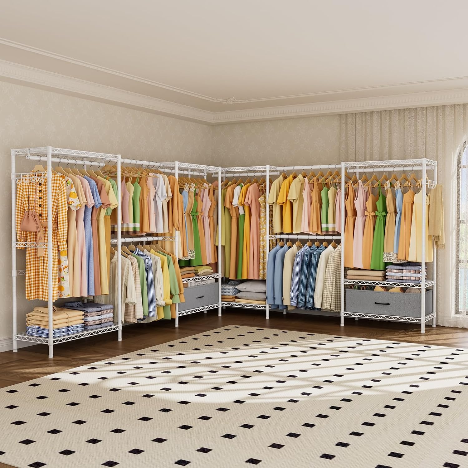 Golpart Coat Rack Clothes Wardrobe：Closet Organizer and Storage Clothing Garment Rack with Shelves Heavy Duty for Hanging Clothes Portable Adjustable White 15.8' DX(70-88)' WX76.5 H