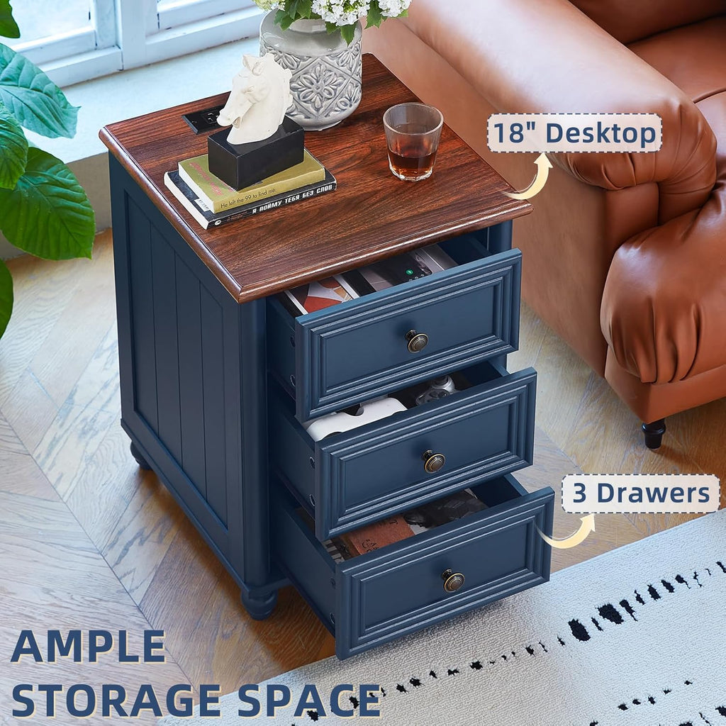RWYHG 18' Farmhouse Nightstand Set 2 with Charging Station and USB Port, Blue Night Stand with 3 Drawers, Wood Bedside End Table with Storage, Bed Side Tables for Bedroom Living Room and Closet