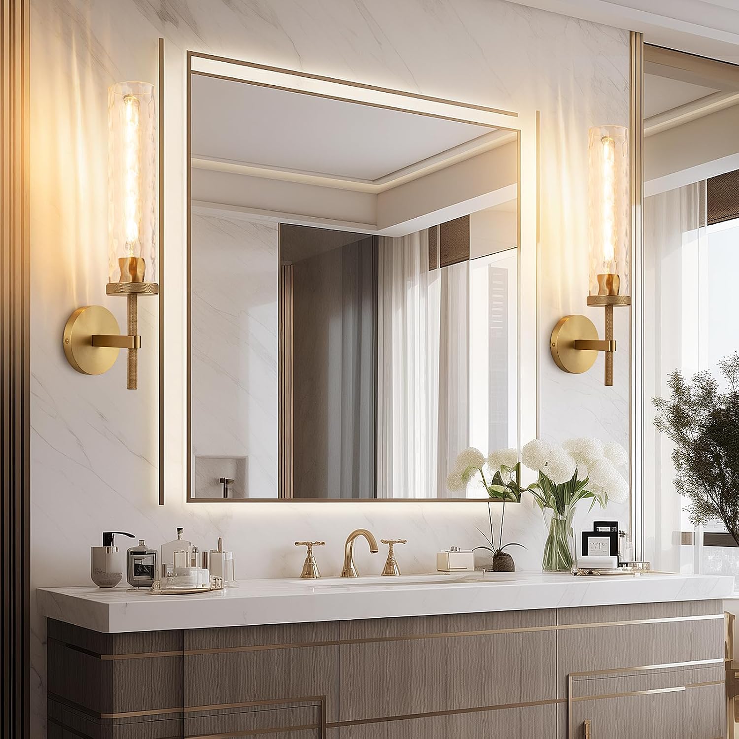19.5' Knurled Brass Wall Sconces Set of 2, Gold Bathroom Vanity Light Fixtures with Water Ripples Glass Tube, Modern Lamp Lighting for Bedroom, Living Room, Hallway, Staircase, Mirror, Kitchen