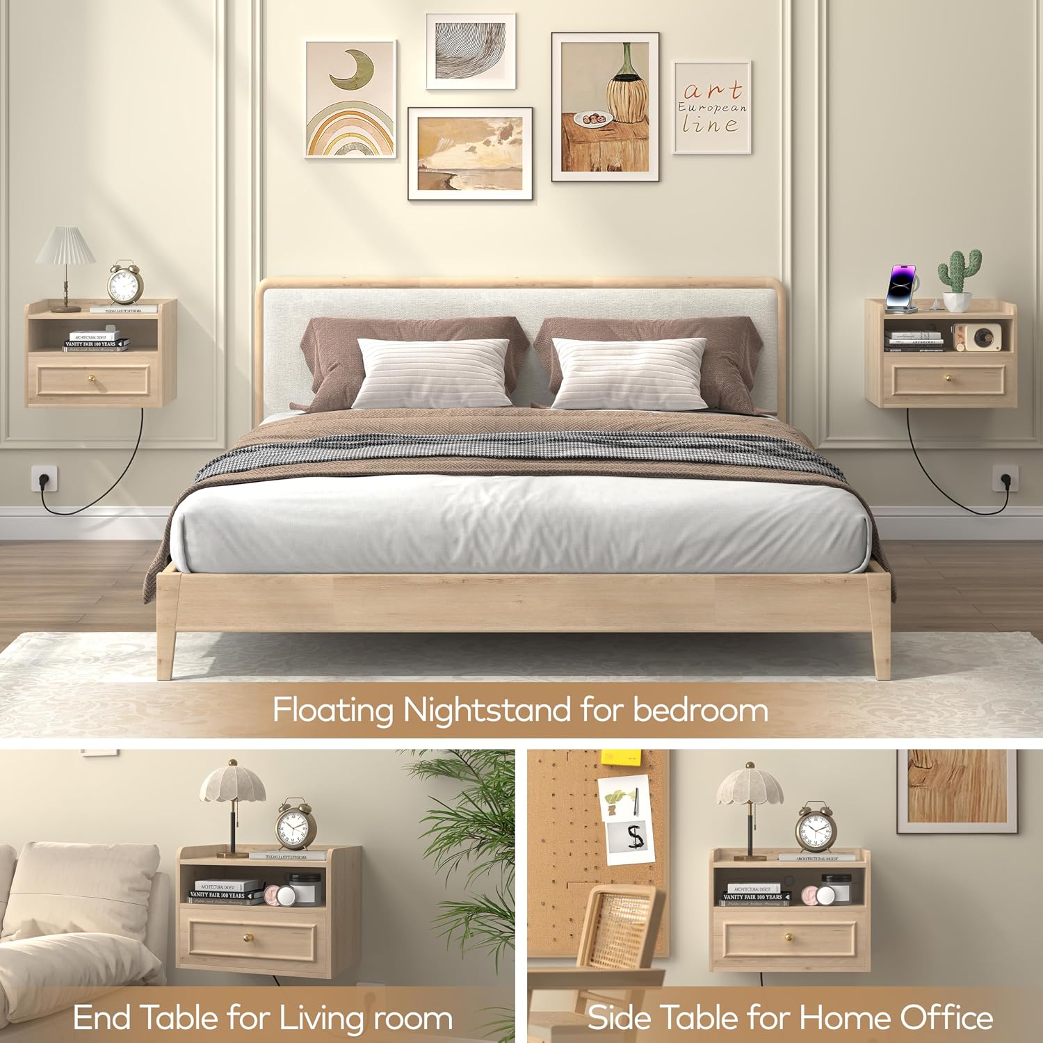 Floating Nightstand with Charging Station Set of 2, Modern Wall Mounted Bedside Tables with Drawer & Open Shelf, Modern Hanging Table with USB & Type C Ports for Bedroom, Small Spaces (White Oak)