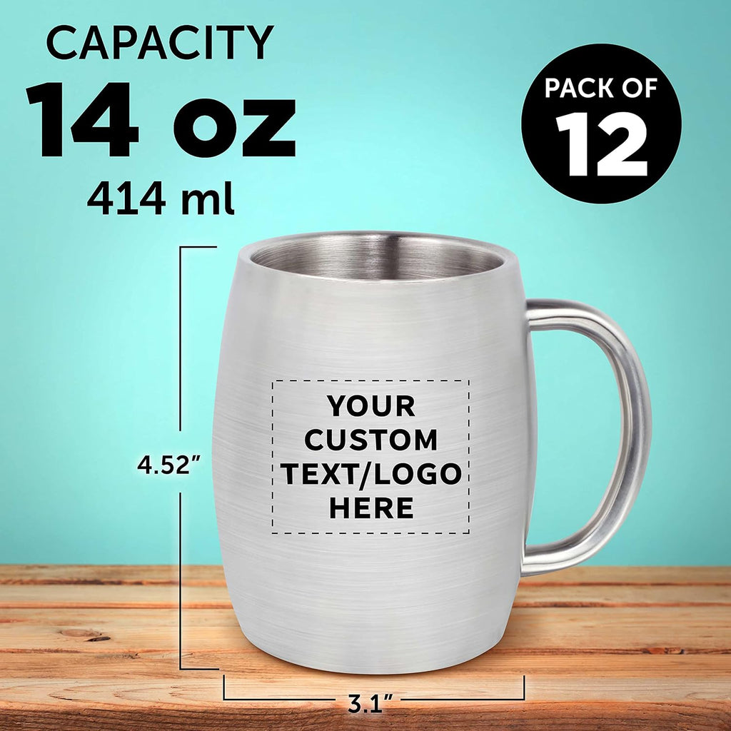 DISCOUNT PROMOS Custom Agnes Stainless Steel Mugs with Handle 14 oz. Set of 12, Personalized Bulk Pack - Double Wall, Perfect for Coffee, Beer, Other Hot & Cold Beverages - Silver