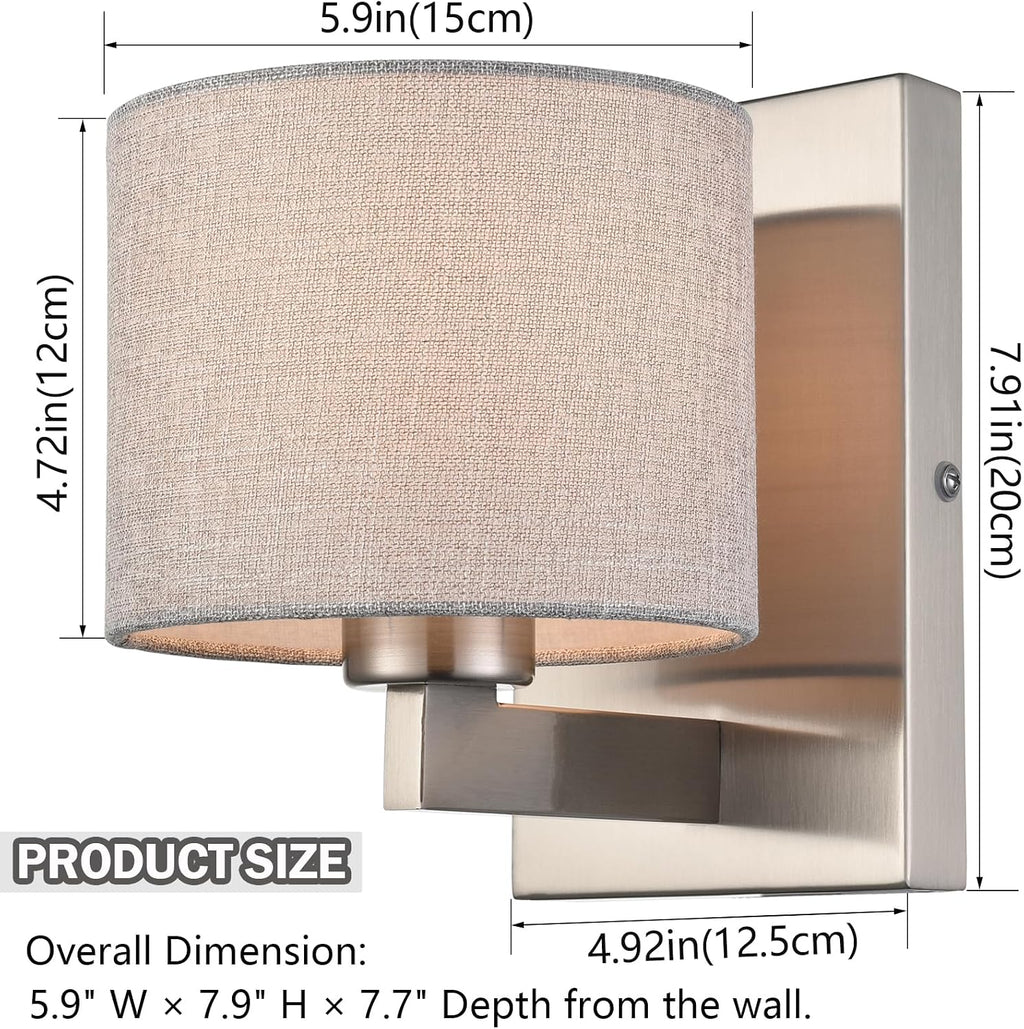 SAMTEEN Modern Wall Sconces Set of Two Brushed Nickel Sconces Wall Lighting 1-Light Drum Wall Sconce Fabric Shade Wall Lamps for Bedroom Hallway Living Room Bathroom