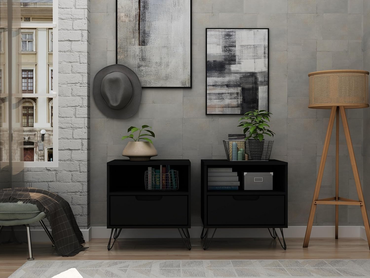 Manhattan Comfort Rockefeller Nightstand with Drawer and Cubby, Mid Century Modern Bedside Table, Minimalist Display and Storage Organizer, Ideal for Bedroom and Living Room, Black