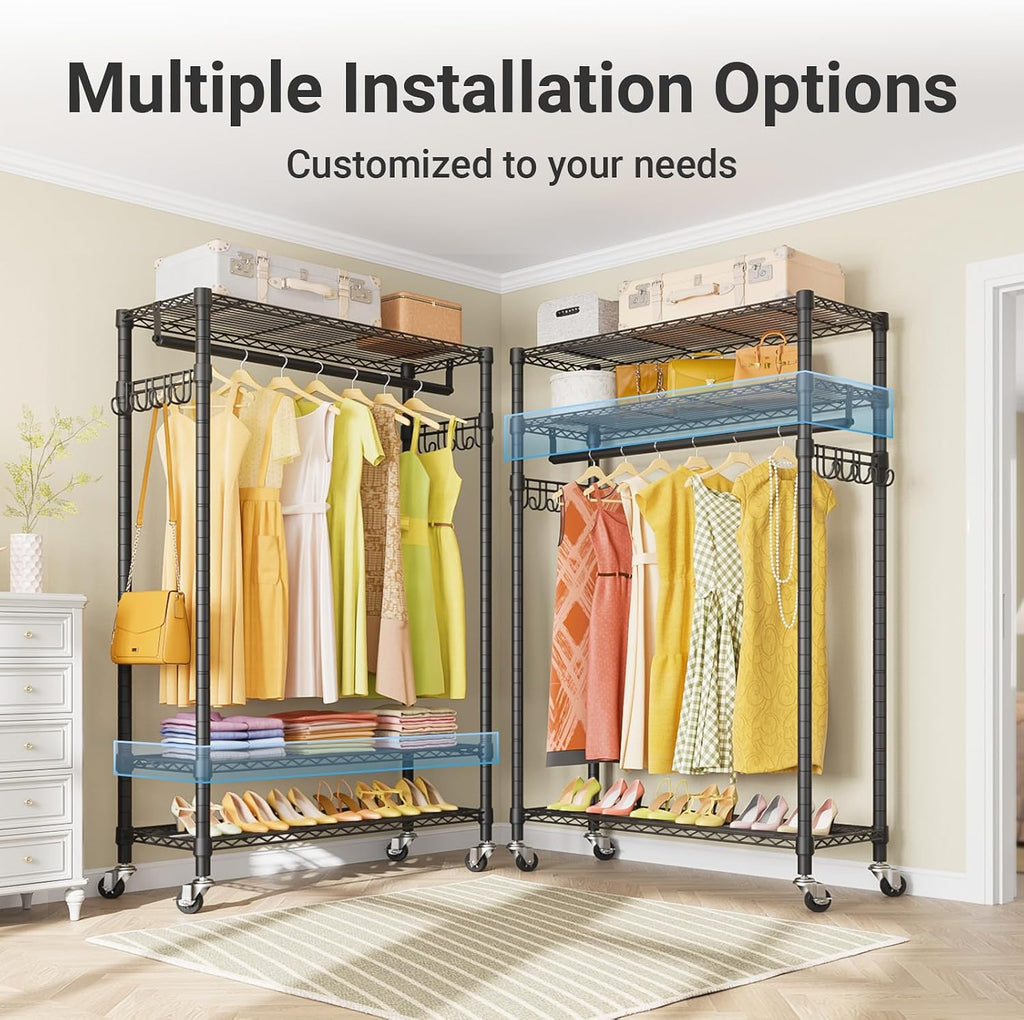 VIPEK R3 Plus Rolling Clothes Rack with Locking Wheels, Portable Closet for Hanging Clothes Heavy Duty Garment Rack with Adjustable Shelves and Side Hooks, Metal Wardrobe for Home Storage, Black