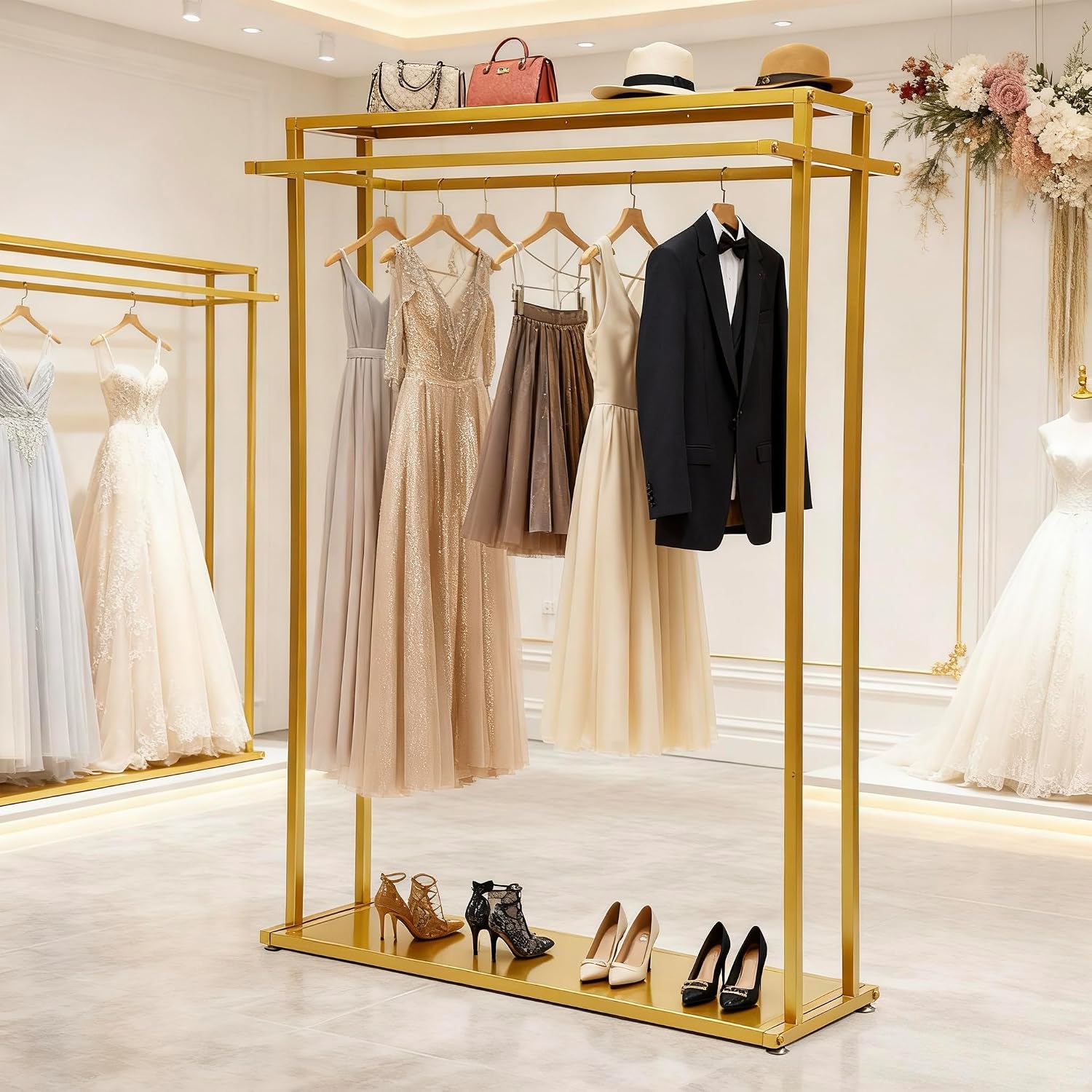 Double Rod Gold Clothing Garment Rack Dresses Display W/ 2 Shelves | Heavy Duty Boutiques Retail Display Stand Wedding Dress Racks for Hanging Long Dresses, Shoes Bags Clothes Organize
