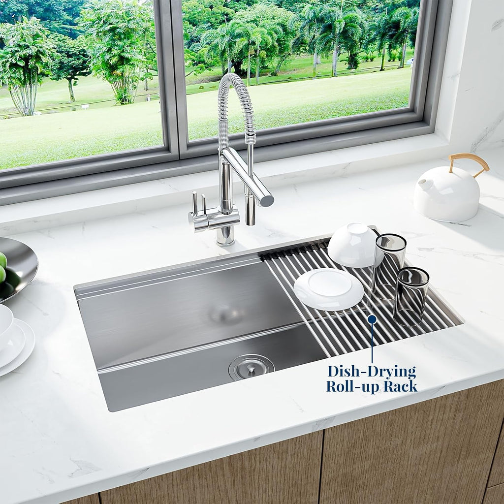 Senfot 33 Inch Undermount Kitchen Sink with Single-tier Track, Stainless Steel Single Bowl Kitchen Sink with Chopping Board, Drainer Basket, Bottom Net, Drainer, Roller Shutter