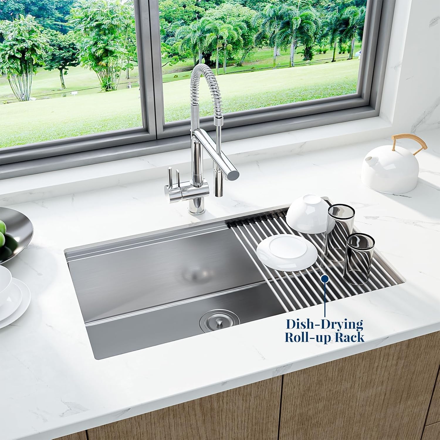 Senfot 33 Inch Undermount Kitchen Sink with Single-tier Track, Stainless Steel Single Bowl Kitchen Sink with Chopping Board, Drainer Basket, Bottom Net, Drainer, Roller Shutter