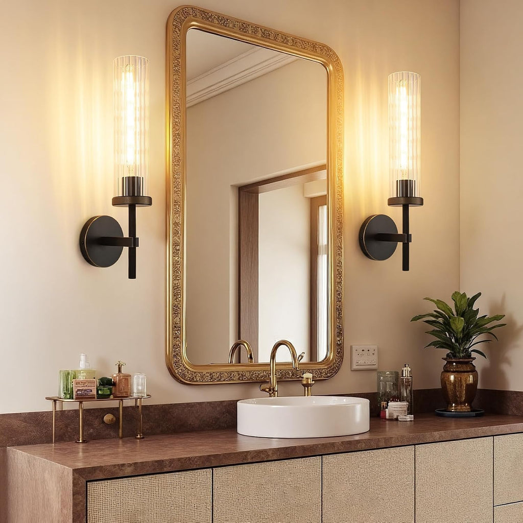 19.5' Knurled Brass Wall Sconce with Vertical Striped Glass Tube, Black Gold Bathroom Vanity Light Fixtures, Modern Lamp Lighting for Bedroom, Living Room, Hallway, Staircase, Mirror, Kitchen