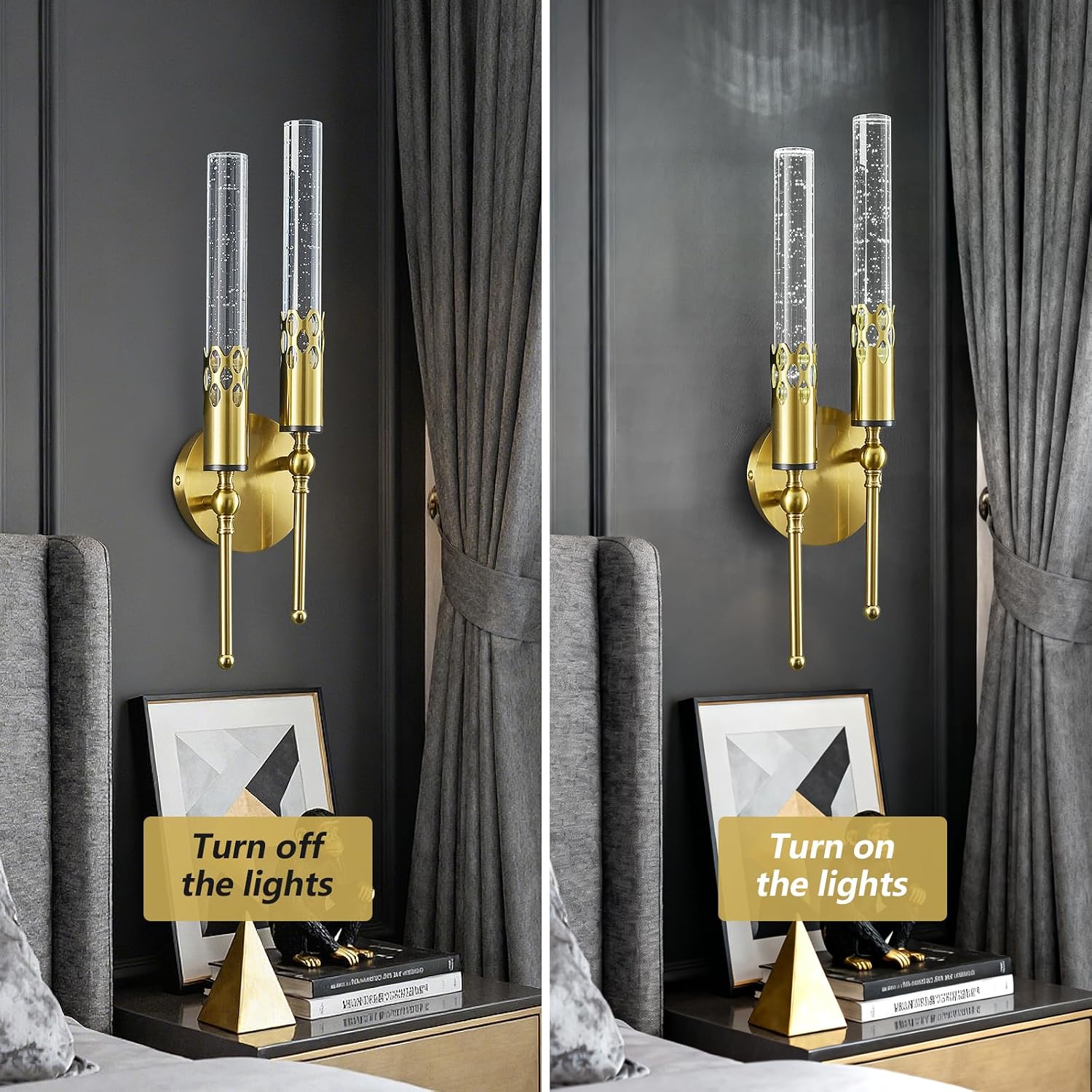 Modern Wall Sconces Set of Two 6000K Crystal Sconces Wall Lighting Vintage Black Gold Wall Mounted Lamp for Bedroom Living Room Hallway Bathroom Vanity Light Fixture