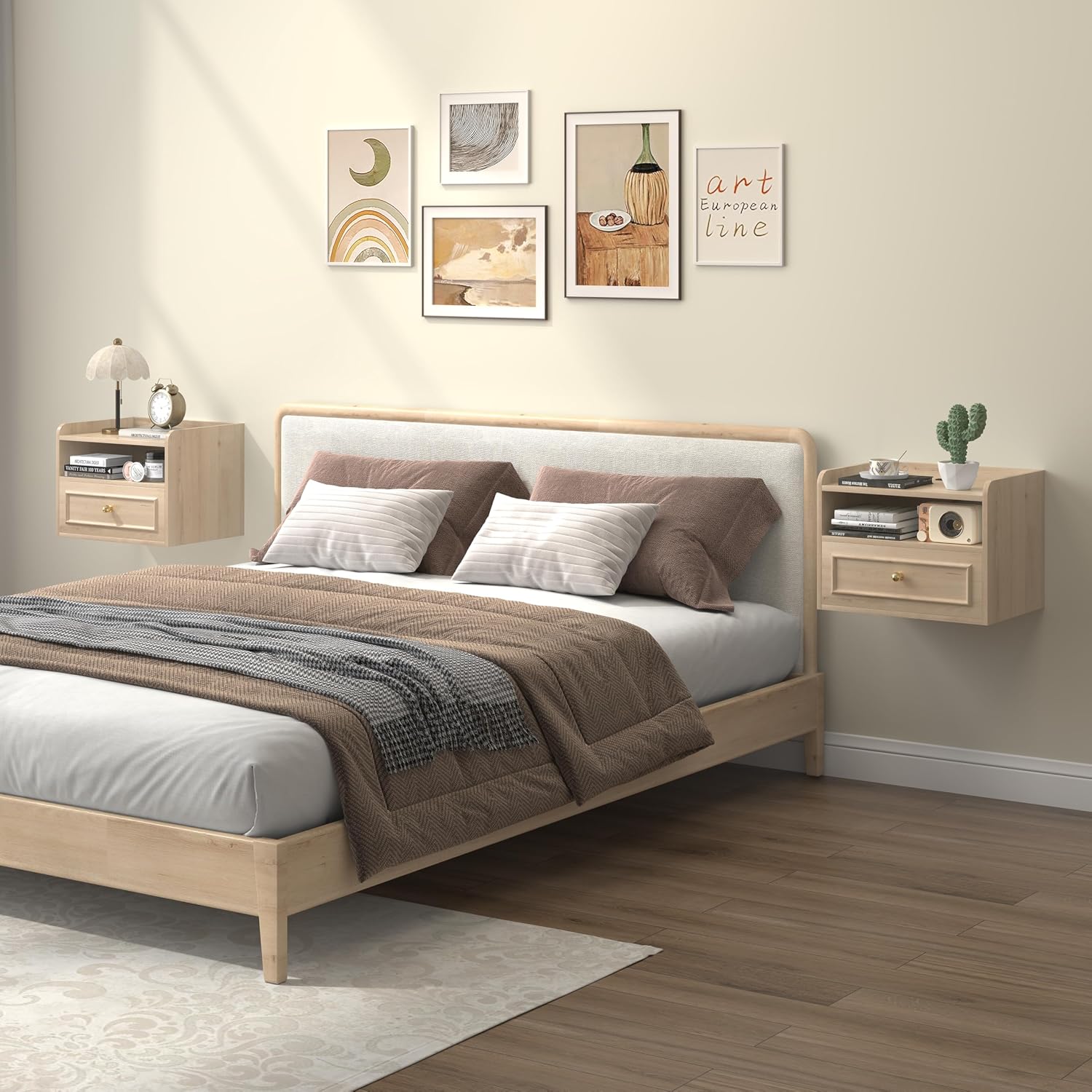 Floating Nightstand with Charging Station Set of 2, Modern Wall Mounted Bedside Tables with Drawer & Open Shelf, Modern Hanging Table with USB & Type C Ports for Bedroom, Small Spaces (White Oak)