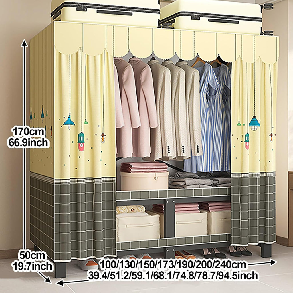 Foldable Wardrobe Closet With Cover, Metal Garment Racks For Hanging Clothes, Portable Freestanding Covered Coat Storage, Organizer For Bedrooms(Yellow1,190cm/74.8inch)