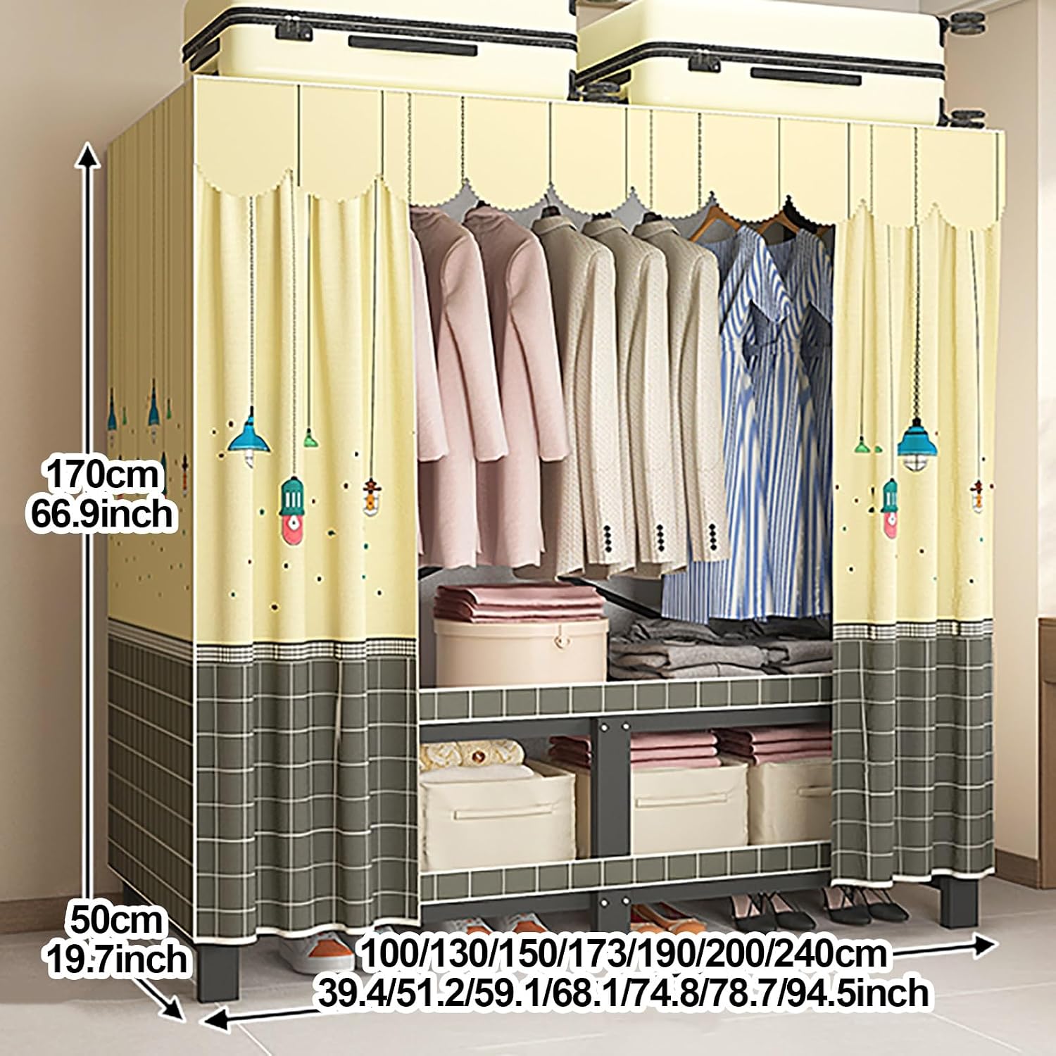 Foldable Wardrobe Closet With Cover, Metal Garment Racks For Hanging Clothes, Portable Freestanding Covered Coat Storage, Organizer For Bedrooms(Yellow1,130cm/51.2inch)