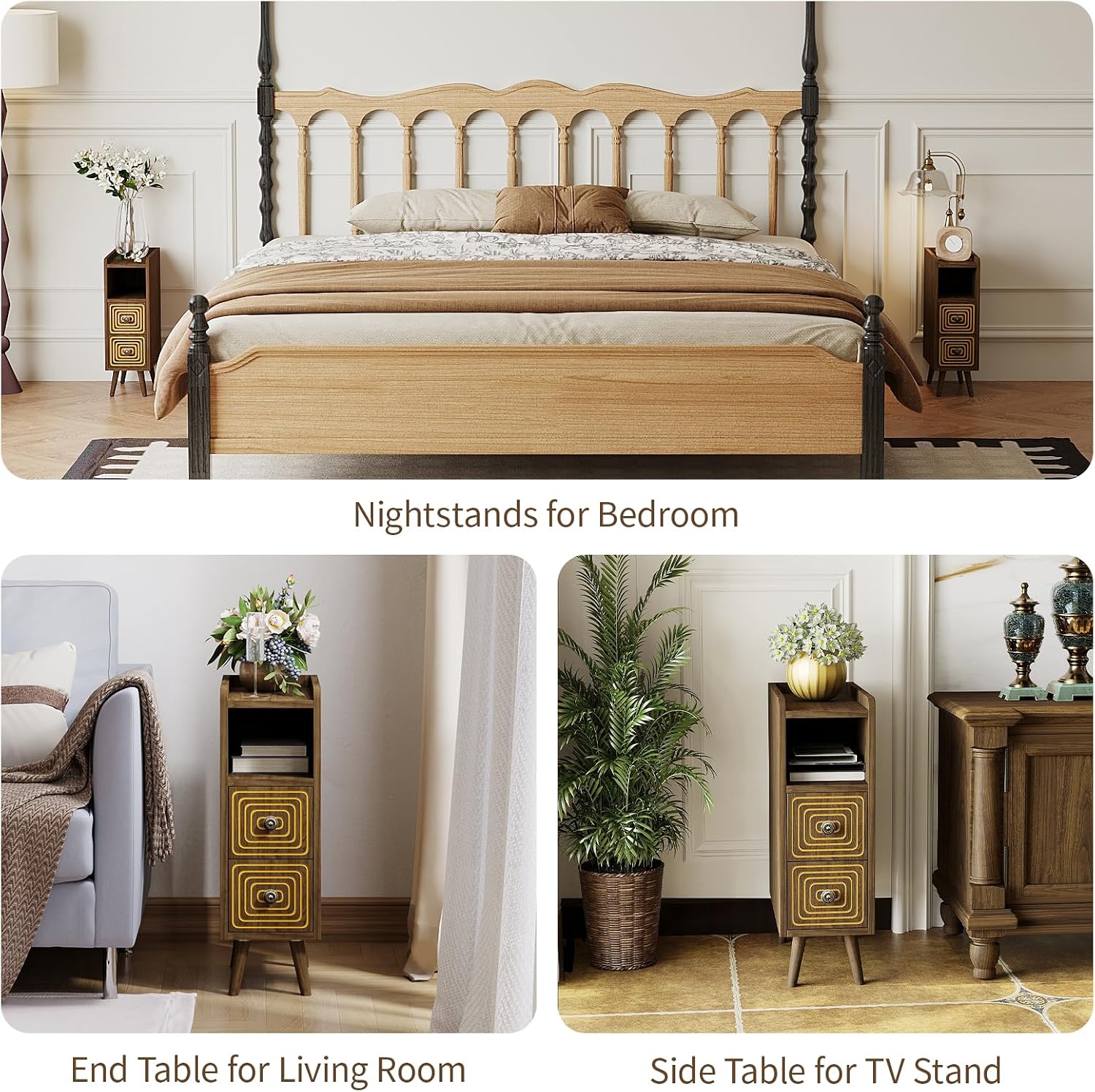 Nightstands Set of 2,Night Stand Bed Side Table with Storage Space,Wooden Bedside Table with Open Shelf,2 Drawers,End Table with Solid Wood Feet for Bedroom,College Dorm,Entryway (Walnut)