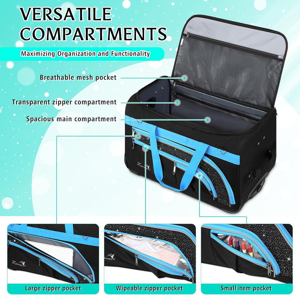 Dance Bag with Garment Rack - 23 Inch Professional Dance Competition Duffle Bag with Rack - Wheeled Dance Suitcase with Multiple Pockets for Dancers, Athlete, Travelers, and Livestreamer