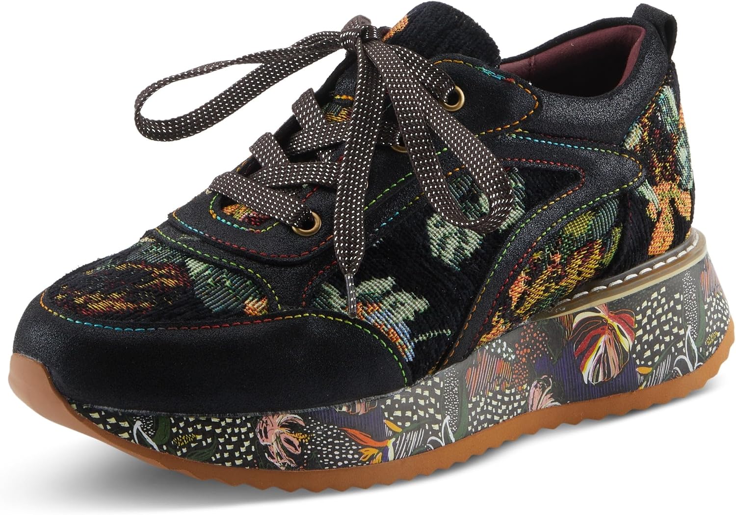 L'Artiste INVIDIA Women's Platform Sneaker – Metallic Leather & Tapestry Lace-Up with Rainbow Stitching