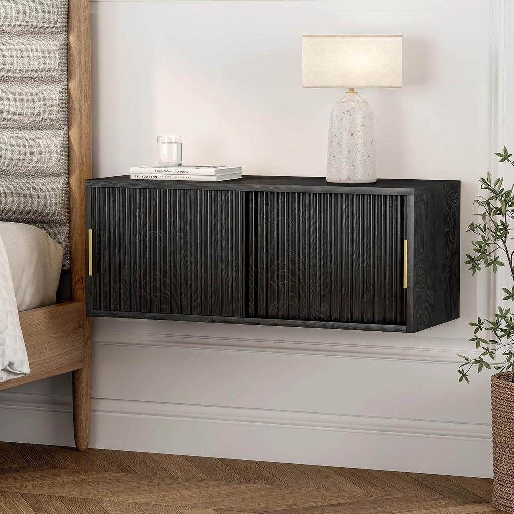 EYYTHUNG Large Floating TV Stands Set of 2, Modern Fluted Nightstands Wall Mounted Bedside Table Storage Cabinet with Sliding Doors for Living Room, Bedroom Black