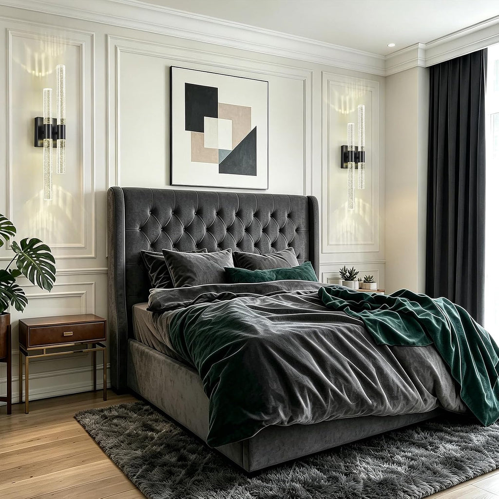 Crystal Wall Sconces Set of Two Black Wall Sconce Hardwired LED Bathroom Vanity Light Fixtures 21.25in 4000K Vertical and Horizontal Wall Mounted Sconces for Bedroom, Living Room, Hallway