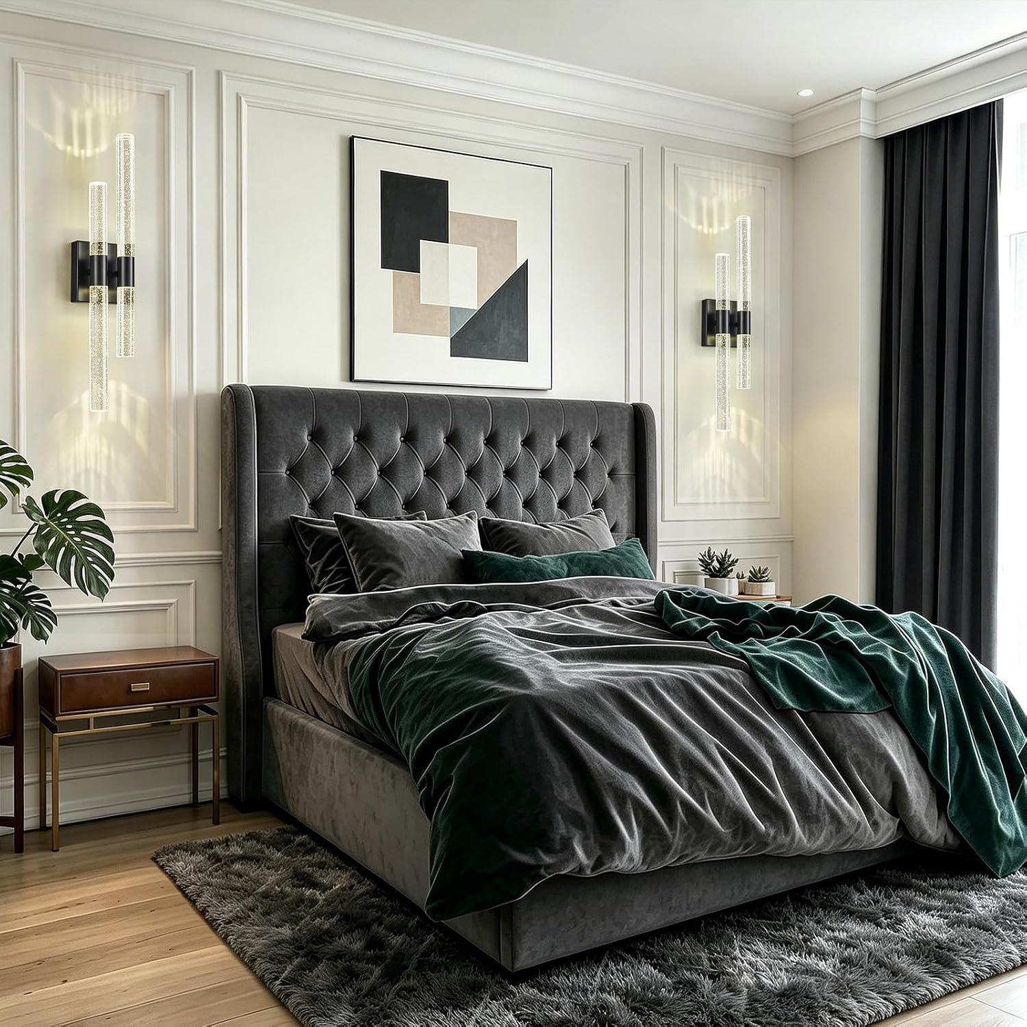 Crystal Wall Sconces Set of Two Black Wall Sconce Hardwired LED Bathroom Vanity Light Fixtures 21.25in 4000K Vertical and Horizontal Wall Mounted Sconces for Bedroom, Living Room, Hallway