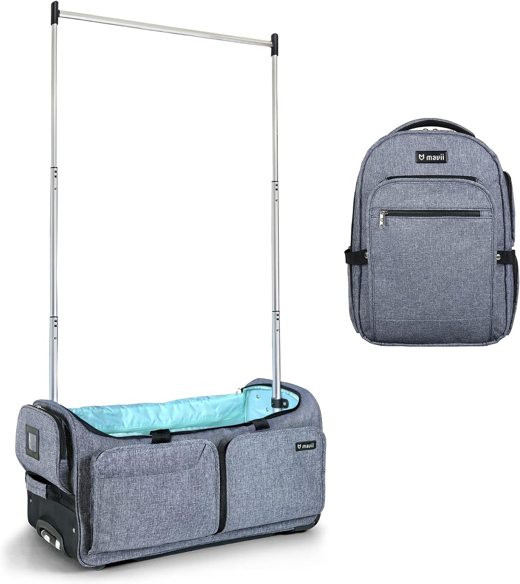 Mavii™ SIGNATURE 2-pc Set - Wheeled 28 Inch Collapsible Garment Rack Duffel + 'The Convention Backpack - 17 Inch Suitcase-style Dance Backpack, Versatile Travel Gear Set, Heathered Gray