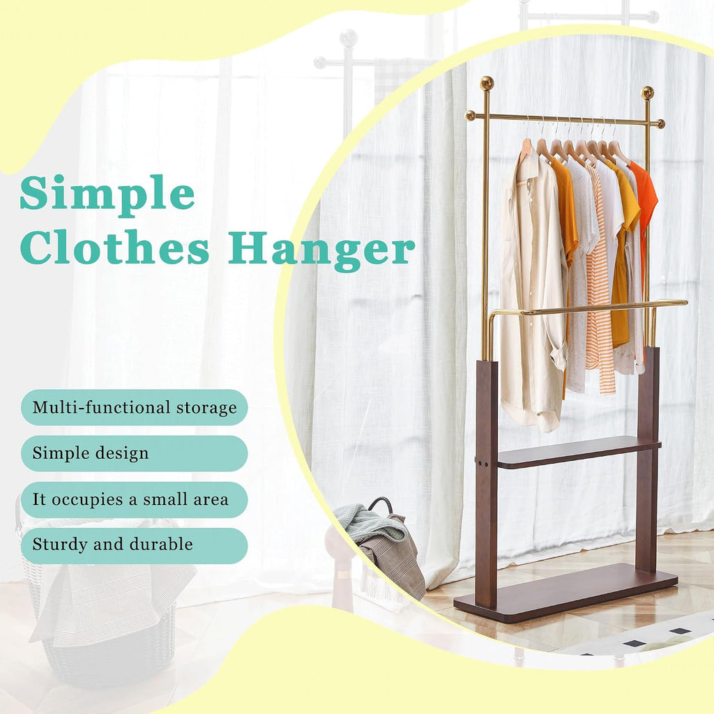 CHANCEE 68.9' Golden Stainless Steel and Walnut Solid Wood Double-Layer Coat Rack, Modern Freestanding Clothes Hanger with Storage Shelf, Multi-Functional Entryway Organizer Cabinet