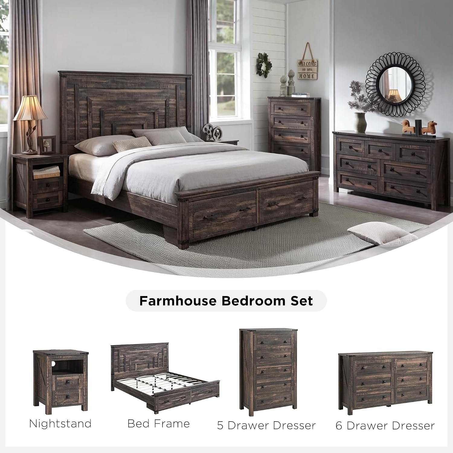 T4TREAM Nightstand with Charging Station, End Table, Side Table with 2 Drawers Storage Cabinet for Bedroom, Living Room, Farmhouse Design, Wood Rustic, Dark Rustic Oak