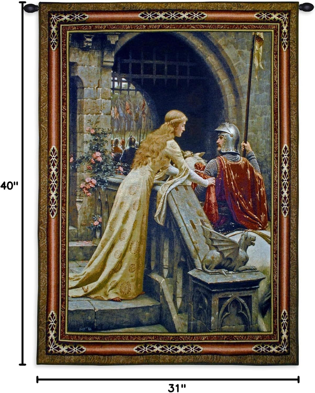 Godspeed Edmund Blair Leighton | Woven Tapestry Wall Art Hanging | Medieval Lady with Arthurian Knight | 100% Cotton USA Size 40x31