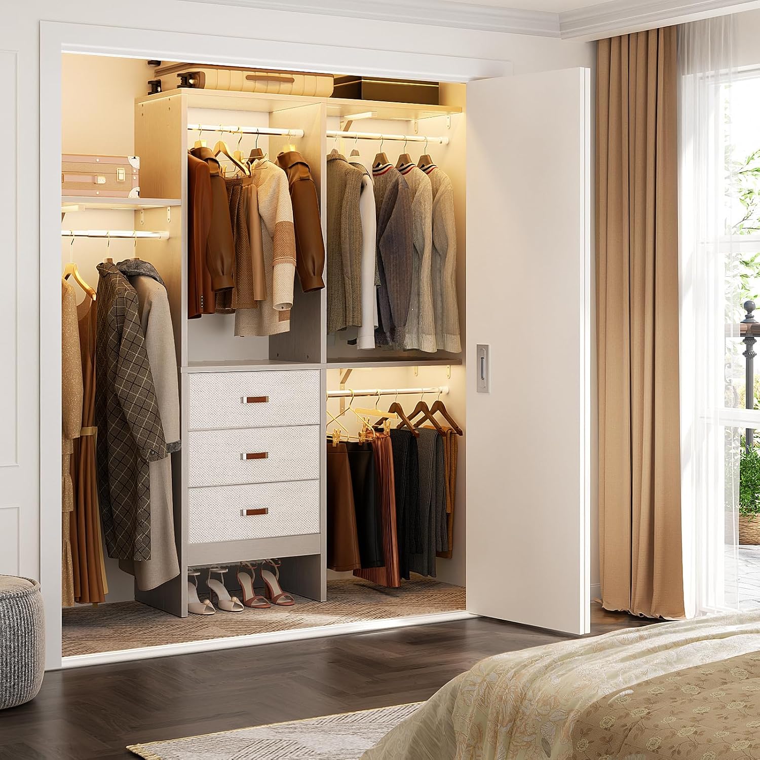 Armocity 5FT Small Closet System with 3 Fabric Drawers, 60 Inches Walk In Closet Organizer System With 3 Adjustable Shelves, Heavy Duty Clothes Rack Built-In Garment Rack, 59' L x 16' W x 71' H, Grey