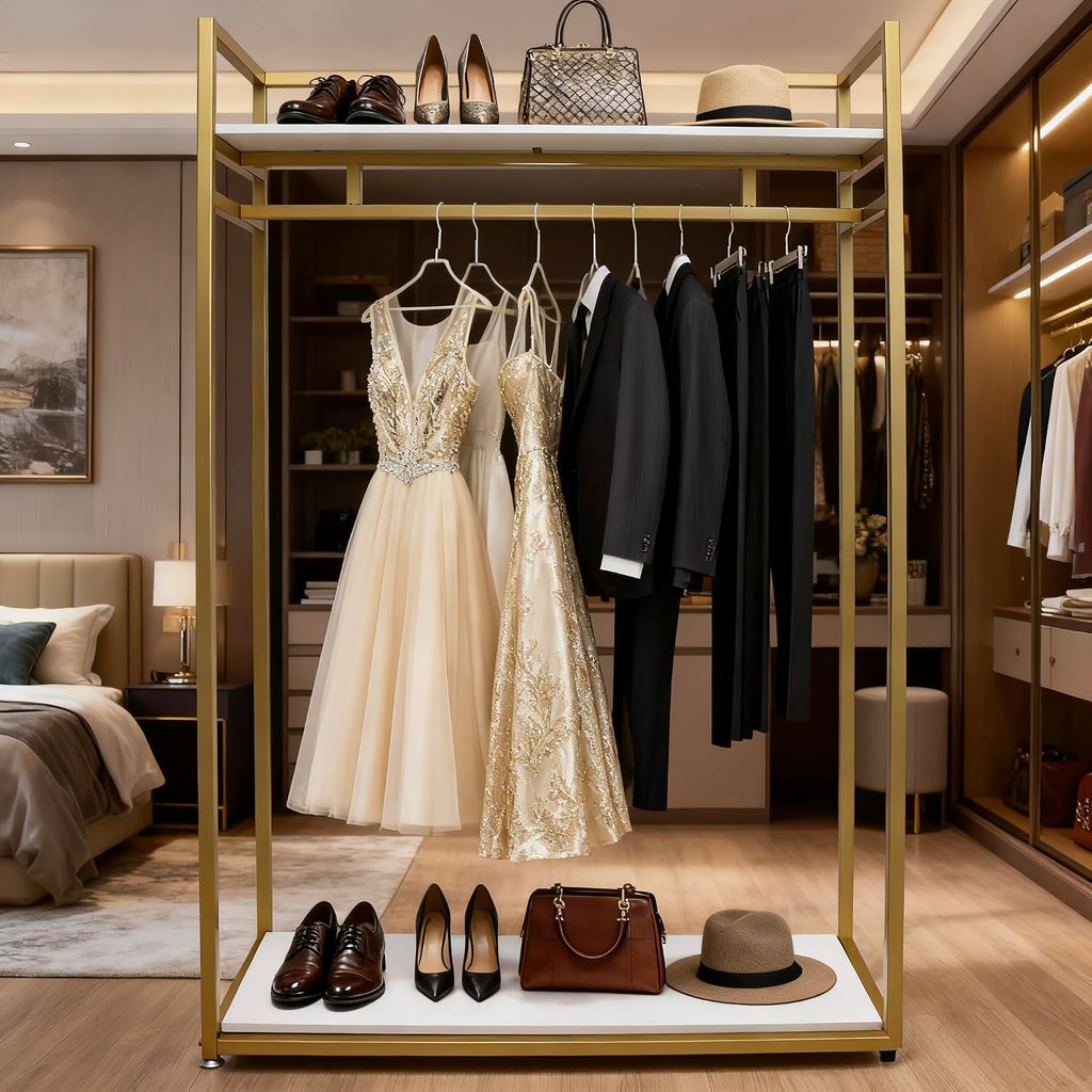 71' Tall Gold Clothing Racks Boutiques Retail Display Stand | Wedding Dress Rack Heavy Duty Garment Rack Standing Dress Racks for Hanging Long Dresses Clothes Shoes Bags Organizer