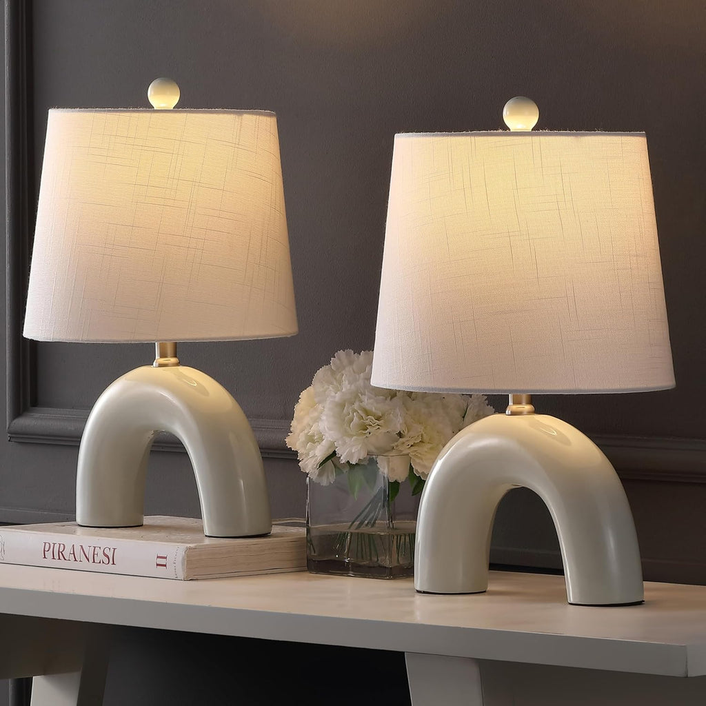 JONATHAN Y 17.75' Blue Gray Modern Ceramic Arch Table Lamp Set of 2 for Bedroom, Scandinavian Minimalist Bedside Lamps with White Linen Shade, LED Bulbs Included (JYL5503B-SET2)