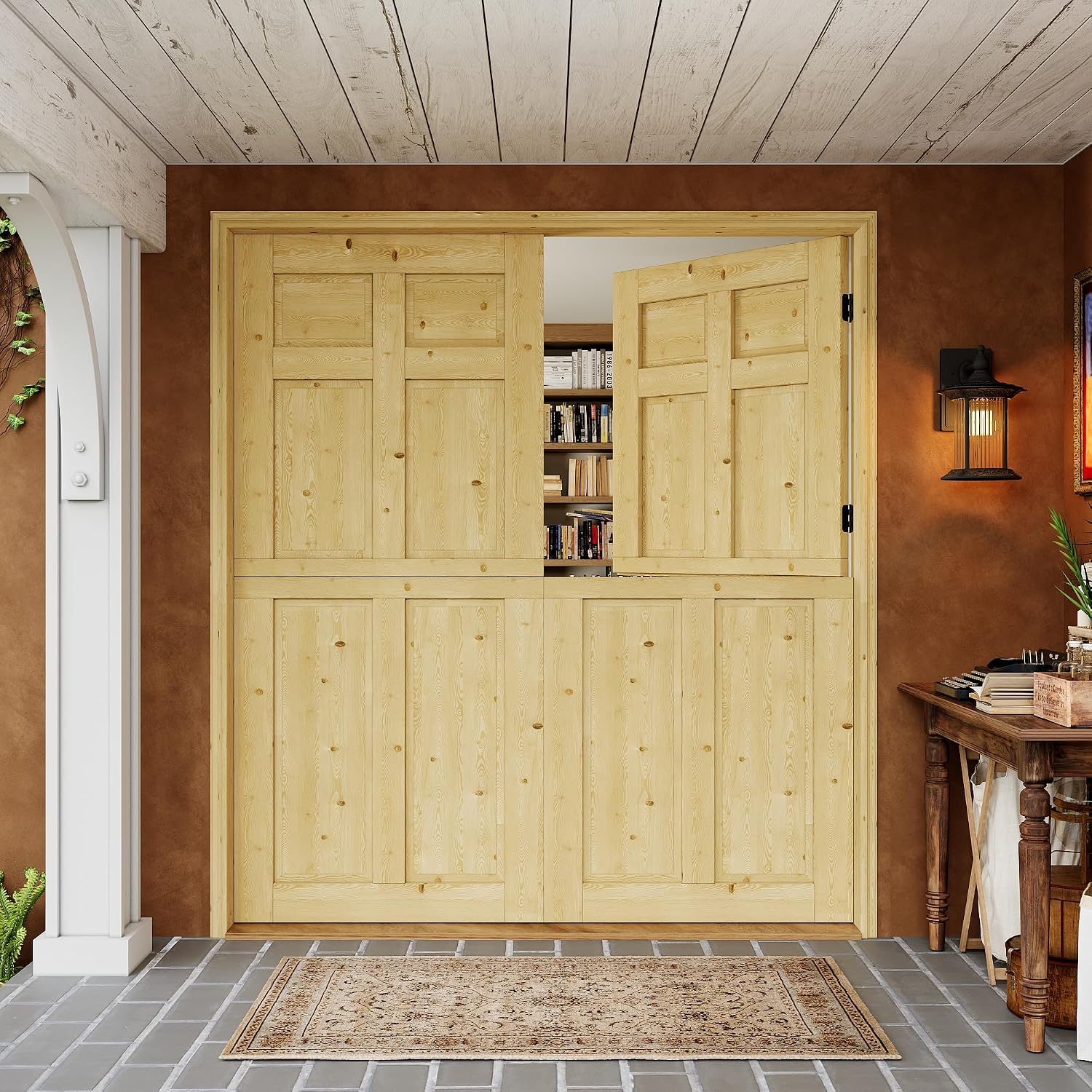Interior & Exterior Double Dutch Door Slab,72' x 80', Universal 6 Lite Panel Split Single Doors, Solid Core Home Door, Natural Pine Wood - with 8 Black Hinges & 2 Latch, Without Jamb
