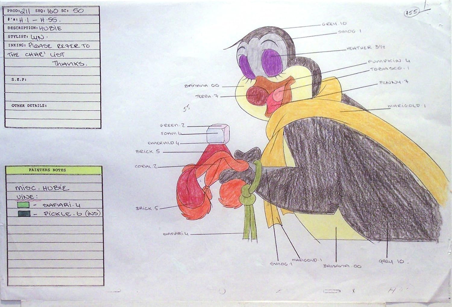 Pebble and the Penguin 1992, Original - Don Bluth Studios - Animation Cel Color Key Drawing