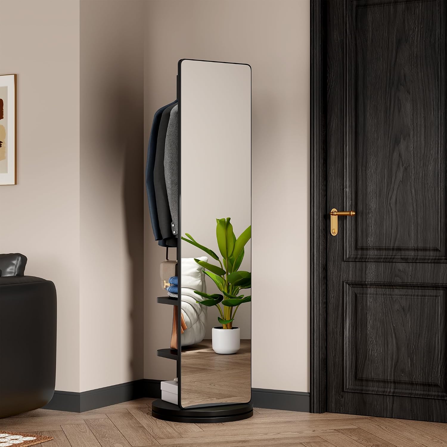 CHANCEE 360° Rotating Mirror Coat Rack, Solid Wood Standing Mirror with Storage Hooks and Shelves, Space-Saving Multifunctional Organizer for Bedroom, Living Room, or Cloakroom (Black)