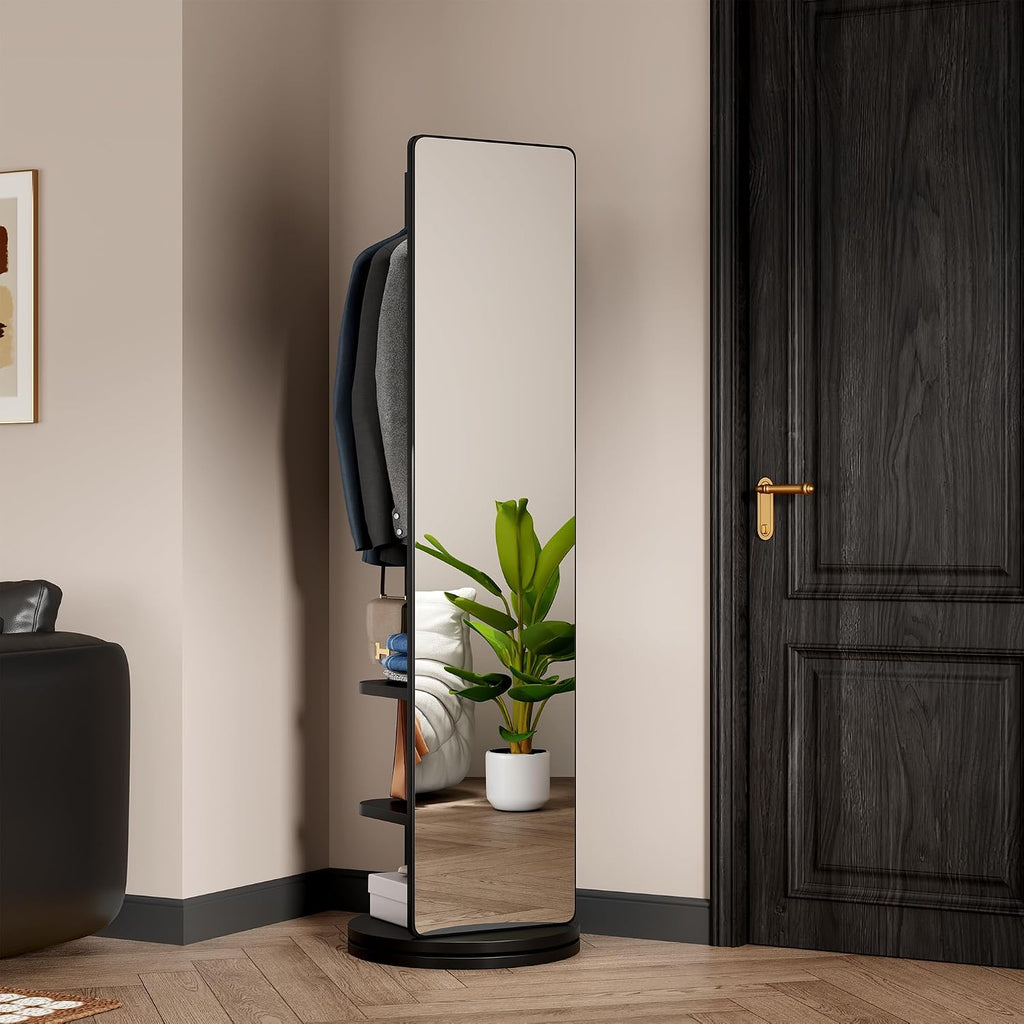 CHANCEE 360° Rotating Full-Length Mirror with Storage, 69'x16' Solid Wood Freestanding Coat Rack with Hooks, Space-Saving for Bedroom, Living Room, Cloakroom (Black)