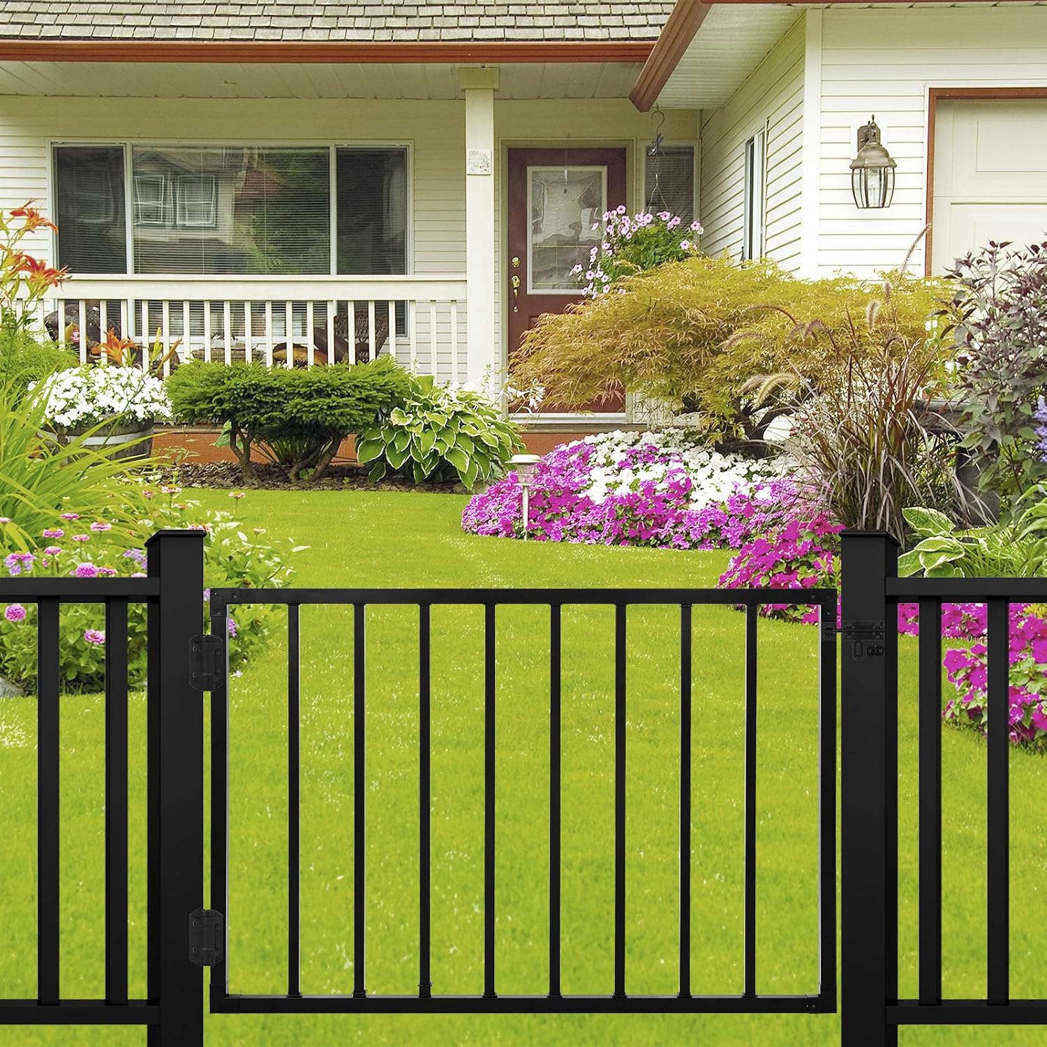 Outdoor Deck Fence Gate Kit, 42''H x 48''W Heavy Duty Steel Gate Anti-Rust Fence Door with Self-Closing Hinges and Latch for Railings, Patios, Gardens, Decks