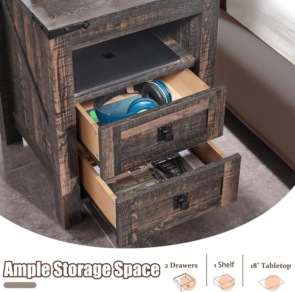 T4TREAM Farmhouse Nightstand Set of 2, Rustic End Table with 2 Drawers, Charging Station, Storage Open Shelf for Bedroom, Living Room, Wood Side Table, Dark Rustic Oak