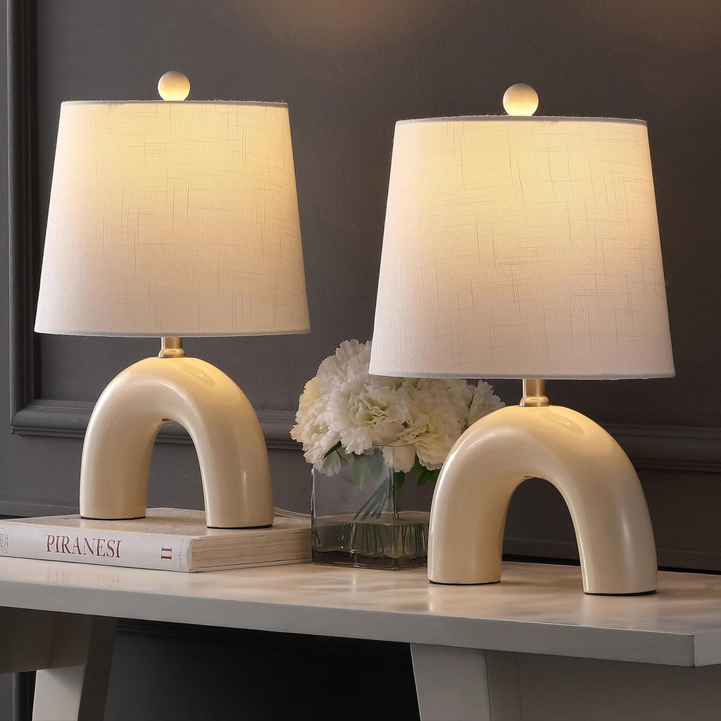 JONATHAN Y 17.75' Almond Modern Ceramic Arch Table Lamp Set of 2 for Bedroom, Scandinavian Minimalist Bedside Lamps with White Linen Shade, LED Bulbs Included JYL5503A-SET2