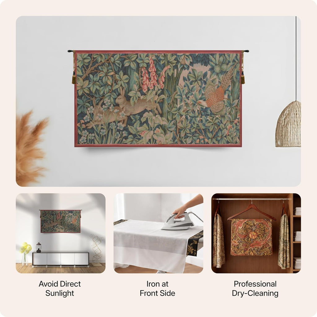 Charlotte Home Furnishings Inc French Boho Tapestry Wall Hanging 20 x 34 in, Hare and Pheasant Aesthetic Woven Wall Art decor for Living Room Home Decor, European Cotton Jacquard Woven