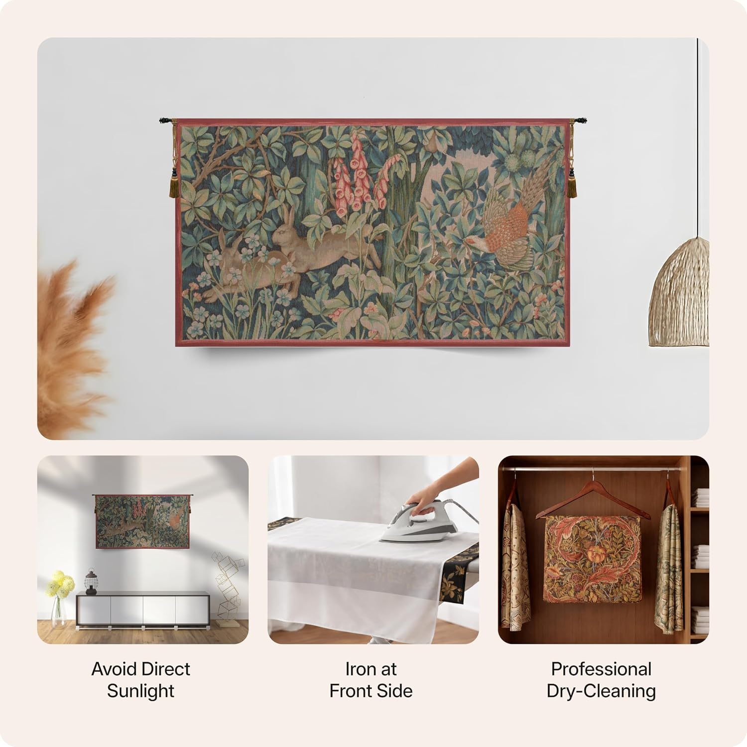 Charlotte Home Furnishings Inc French Boho Tapestry Wall Hanging 20 x 34 in, Hare and Pheasant Aesthetic Woven Wall Art decor for Living Room Home Decor, European Cotton Jacquard Woven