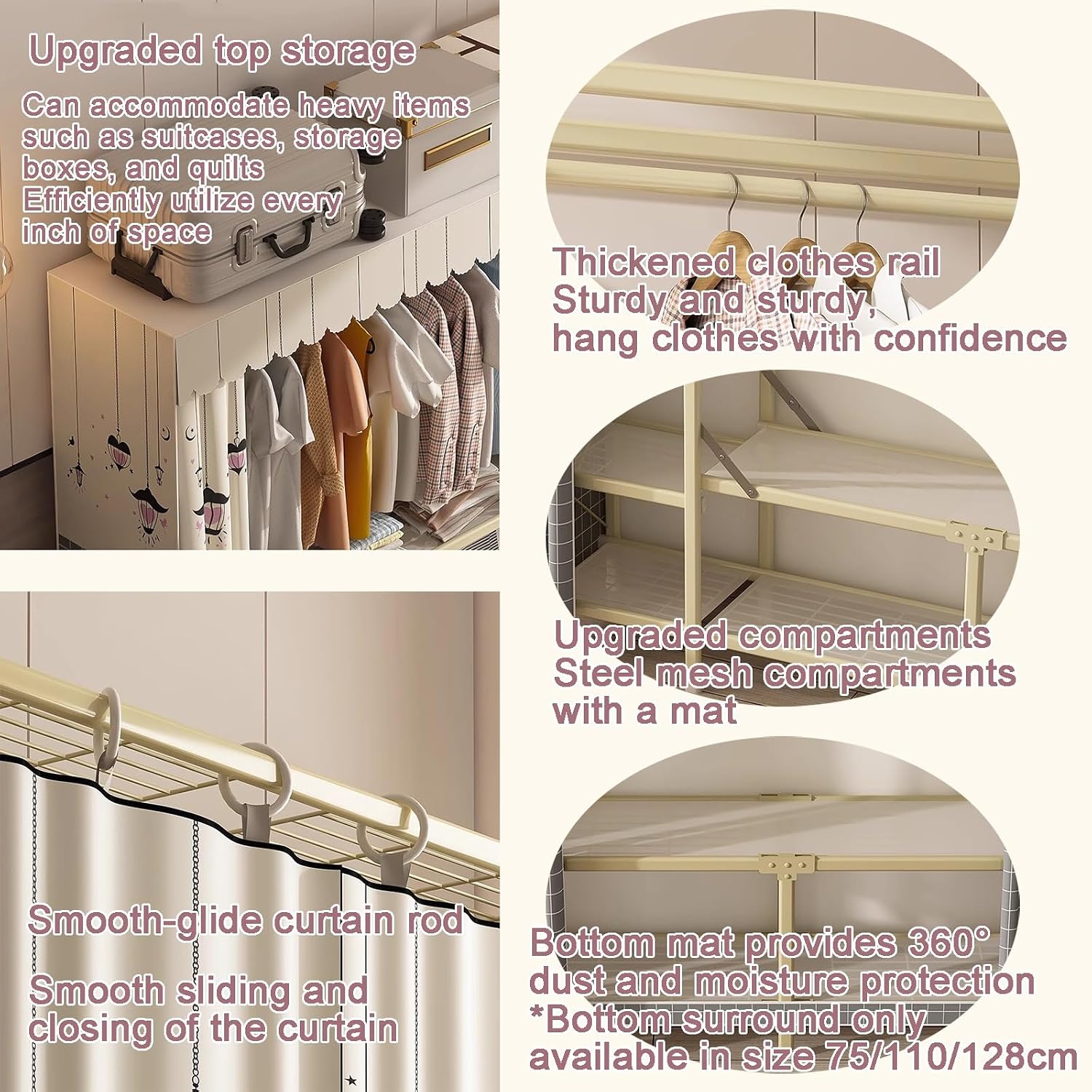 Heavy Duty Portable Wardrobe Closet Foldable Garment Rack for Hanging Clothes Clothing Storage Organizer(128x45x170cm)