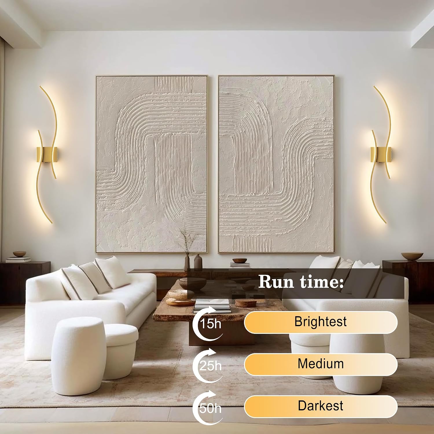 Battery Operated Wall Sconces Set of Two with Remote Control, Battery Wall Light, Stepless Colors 3000K-6000K & Dimming, Gold Rechargeable Wall Sconces for Living Room, Hallway, Bedroom, 39.3 Inch