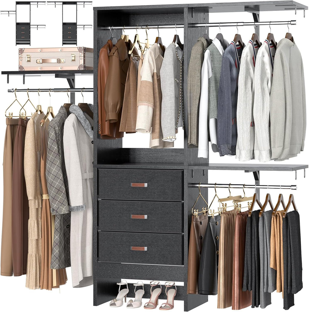 Armocity 5FT Small Closet System with 3 Fabric Drawers, 60 Inches Walk In Closet Organizer System With 3 Adjustable Shelves, Heavy Duty Clothes Rack Built-In Garment Rack, 59' L x 16' W x 71' H, Black