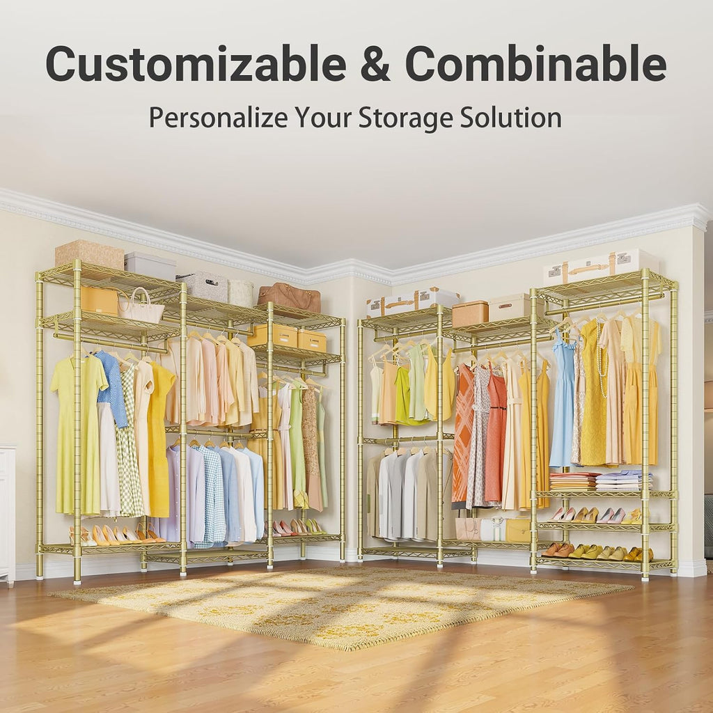 VIPEK V5i Garment Rack Heavy Duty Clothes Rack, Portable Closet Wardrobe Bedroom Armoires Freestanding Clothing Rack with 8 Adjustable Shelves & 4 Hang Rods, 68.9' L x 15.7' W x 76.4' H, Gold